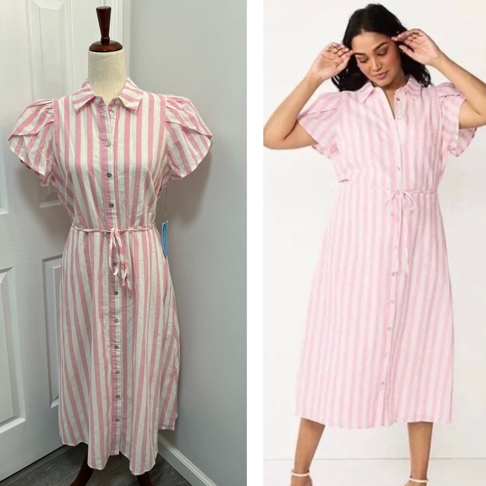 Draper James Linen/Cotton Blend Pink Striped Modest Buttoned Down Tie Dress